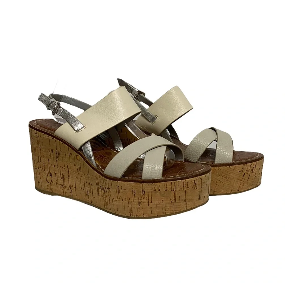 Sam Edelman Destiny Platform Fall Preppy Chic Leather Wedge‎ Sandal White Silver
